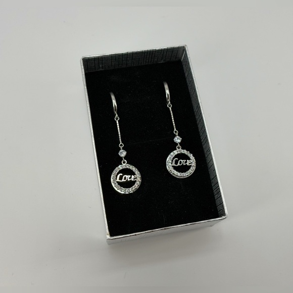 14K White Gold Love Dangle Earrings Circle Drop CZ Halo Design - Picture 3 of 5